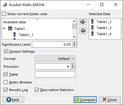 Kruskal-Wallis ANOVA dialog in QtiPlot.
